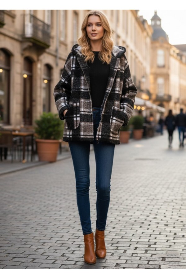 ΖΑΚΕΤΑ OVERSIZED  ΜΠΟΥΚΛΕ ΜΕ ΚΟΥΚΟΥΛΑ ΣΧΕΔΙΟ PLAID