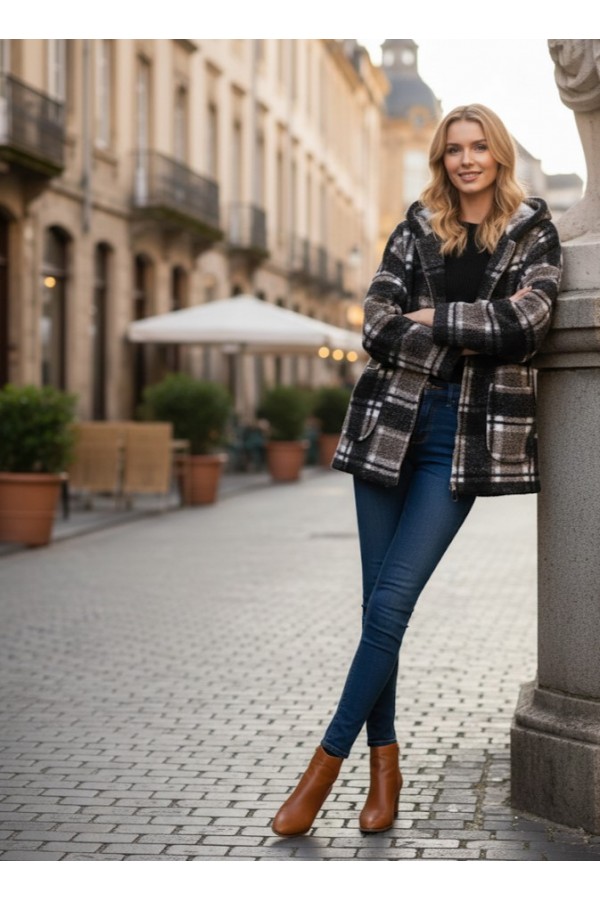 ΖΑΚΕΤΑ OVERSIZED  ΜΠΟΥΚΛΕ ΜΕ ΚΟΥΚΟΥΛΑ ΣΧΕΔΙΟ PLAID