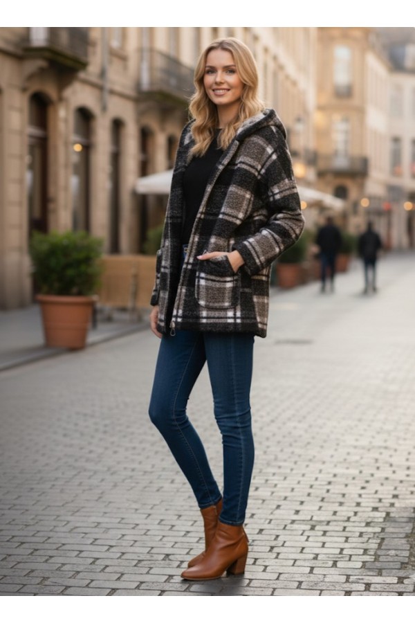 ΖΑΚΕΤΑ OVERSIZED  ΜΠΟΥΚΛΕ ΜΕ ΚΟΥΚΟΥΛΑ ΣΧΕΔΙΟ PLAID