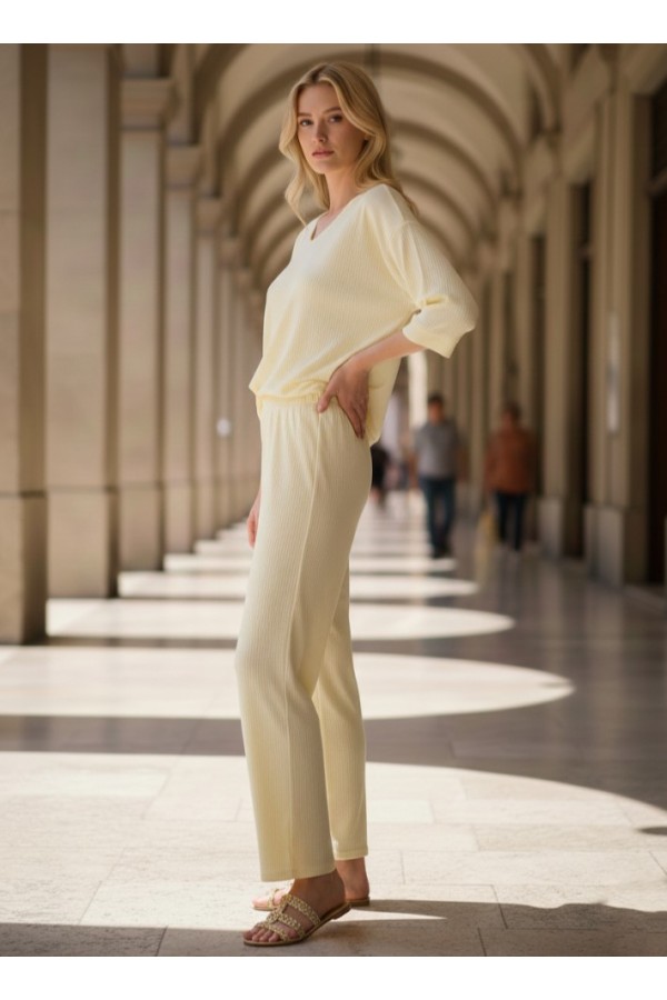 ΣΕΤ RELAXED FIT RIBBED  ΜΕ ΨΗΛΟΜΕΣΗ ΠΑΝΤΕΛΟΝΑ ΜΕ ΛΑΣΤΙΧΟ ΣΤΗΝ ΜΕΣΗ