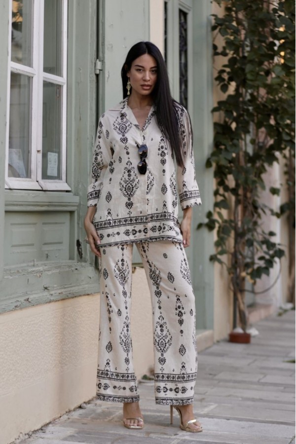 ΣΕΤ (ΠΟΥΚΑΜΙΣΑ-ΠΑΝΤΕΛΟΝΑ) LINEN LOOK ΜΕ ΜΠΟΡΝΤΟΥΡΑ