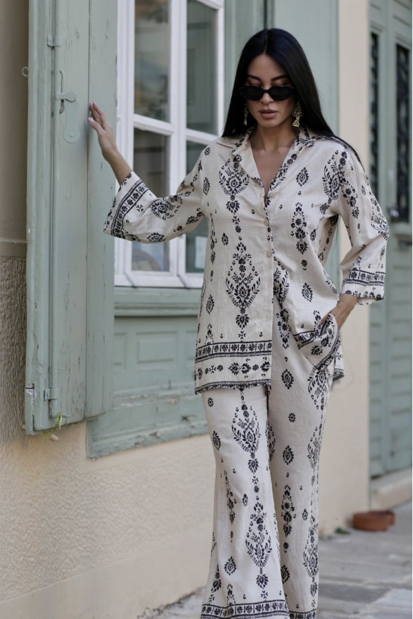ΣΕΤ (ΠΟΥΚΑΜΙΣΑ-ΠΑΝΤΕΛΟΝΑ) LINEN LOOK ΜΕ ΜΠΟΡΝΤΟΥΡΑ