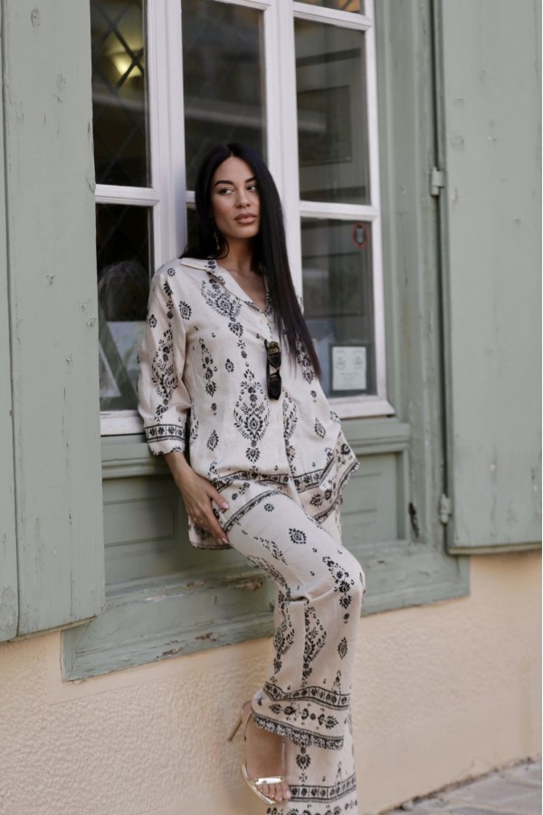 ΣΕΤ (ΠΟΥΚΑΜΙΣΑ-ΠΑΝΤΕΛΟΝΑ) LINEN LOOK ΜΕ ΜΠΟΡΝΤΟΥΡΑ