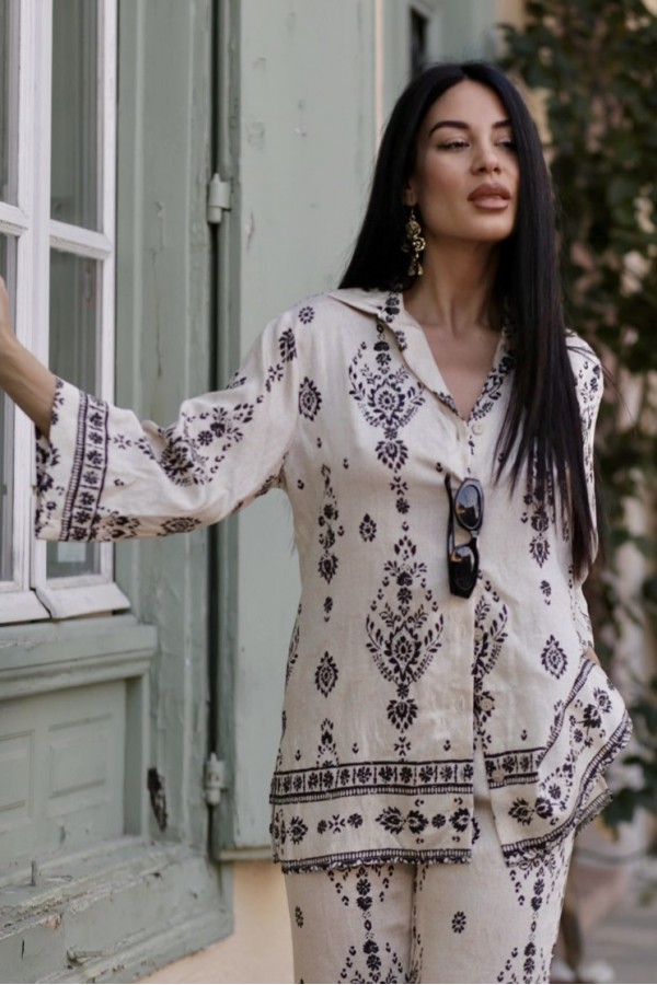 ΣΕΤ (ΠΟΥΚΑΜΙΣΑ-ΠΑΝΤΕΛΟΝΑ) LINEN LOOK ΜΕ ΜΠΟΡΝΤΟΥΡΑ