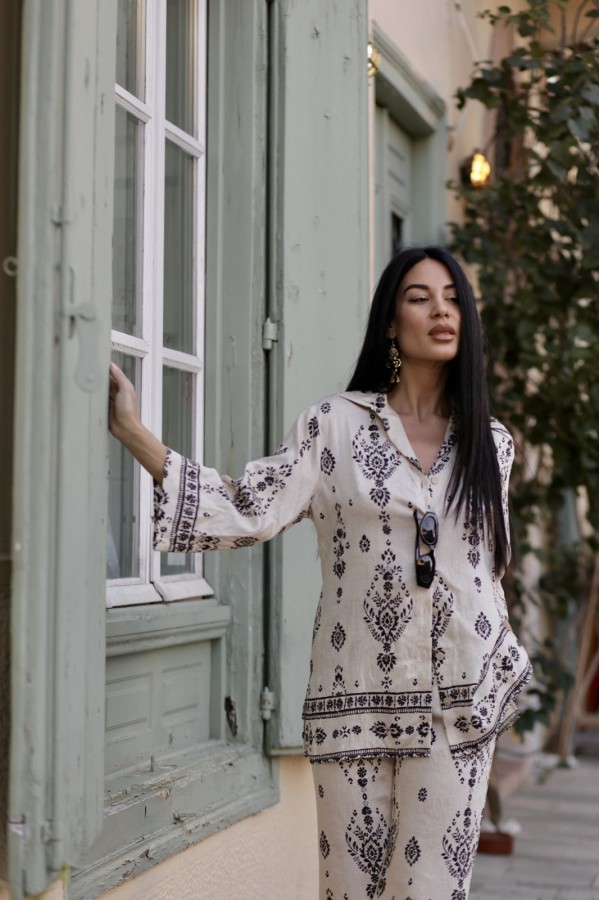 ΣΕΤ (ΠΟΥΚΑΜΙΣΑ-ΠΑΝΤΕΛΟΝΑ) LINEN LOOK ΜΕ ΜΠΟΡΝΤΟΥΡΑ