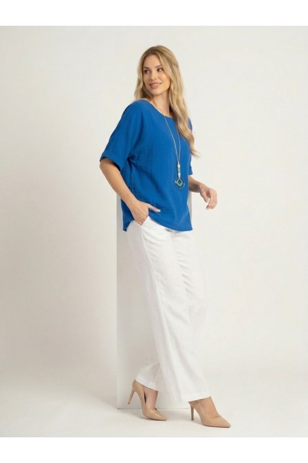 ΜΠΛΟΥΖΑ ΒΑΜΒΑΚΕΡΗ LINEN LOOK LOOSE ΓΡΑΜΜΗ ΜΕ ΚΟΛΙΕ