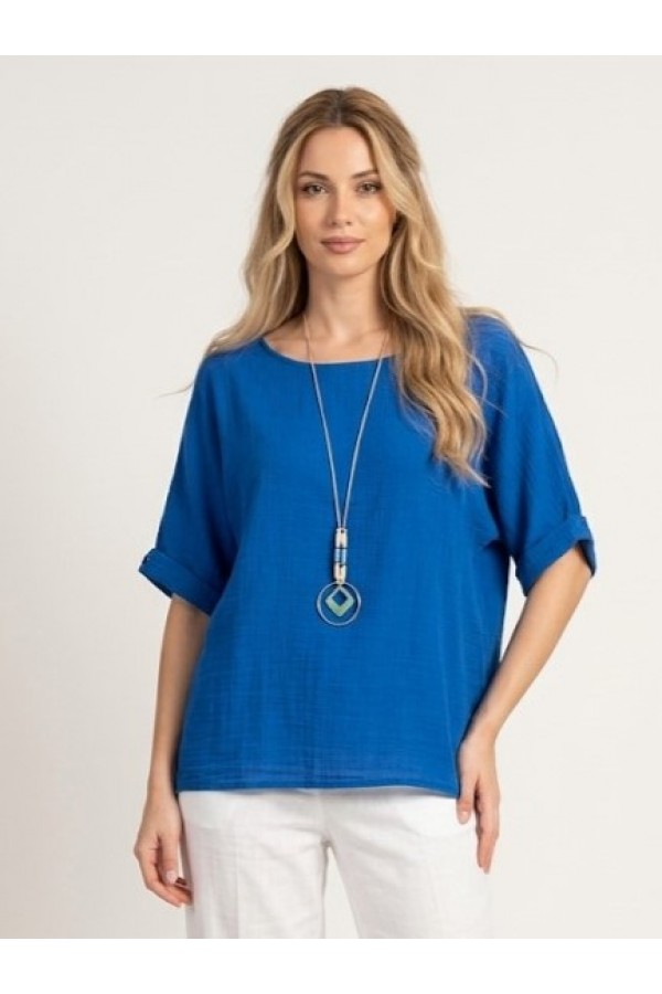 ΜΠΛΟΥΖΑ ΒΑΜΒΑΚΕΡΗ LINEN LOOK LOOSE ΓΡΑΜΜΗ ΜΕ ΚΟΛΙΕ