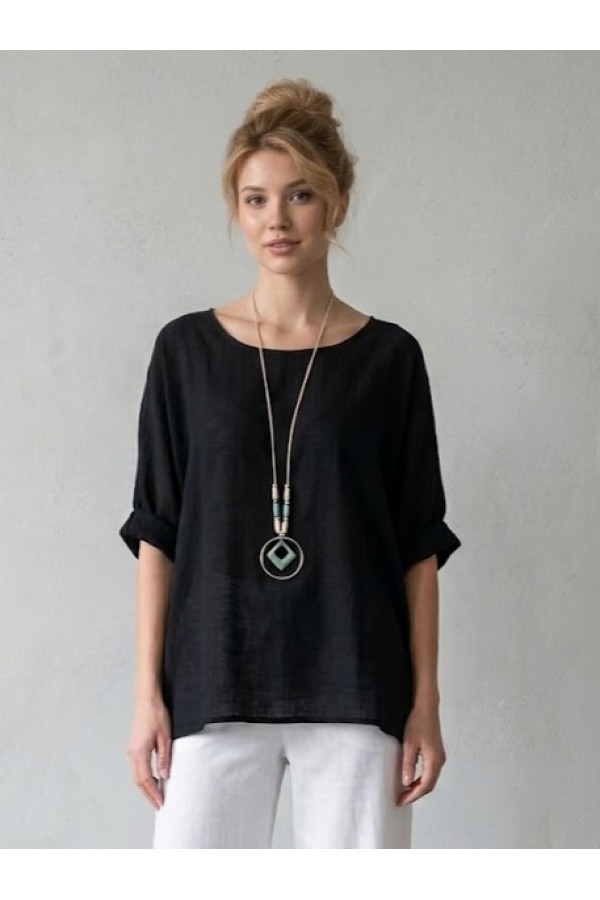 ΜΠΛΟΥΖΑ ΒΑΜΒΑΚΕΡΗ LINEN LOOK LOOSE ΓΡΑΜΜΗ ΜΕ ΚΟΛΙΕ