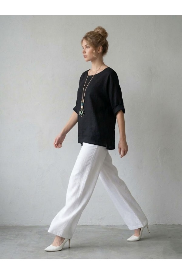 ΜΠΛΟΥΖΑ ΒΑΜΒΑΚΕΡΗ LINEN LOOK LOOSE ΓΡΑΜΜΗ ΜΕ ΚΟΛΙΕ