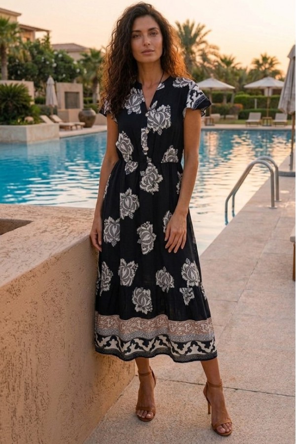 ΦΟΡΕΜΑ FLORAL ETHNIC ΜΕ ΛΑΣΤΙΧΟ ΣΤΗΝ ΜΕΣΗ