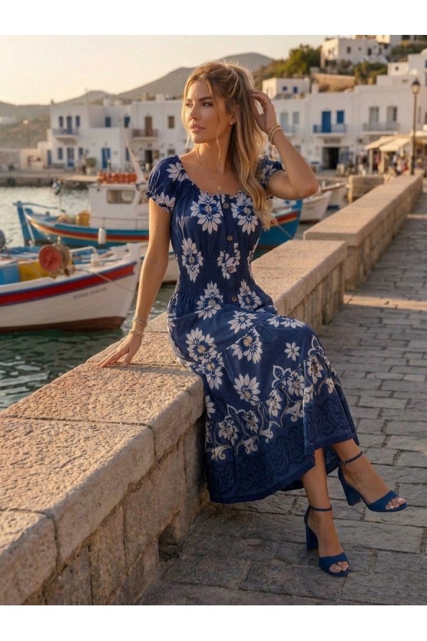 ΦΟΡΕΜΑ MIDI FLORAL OFF SHOUDER ΜΑΝΙΚΙΑ