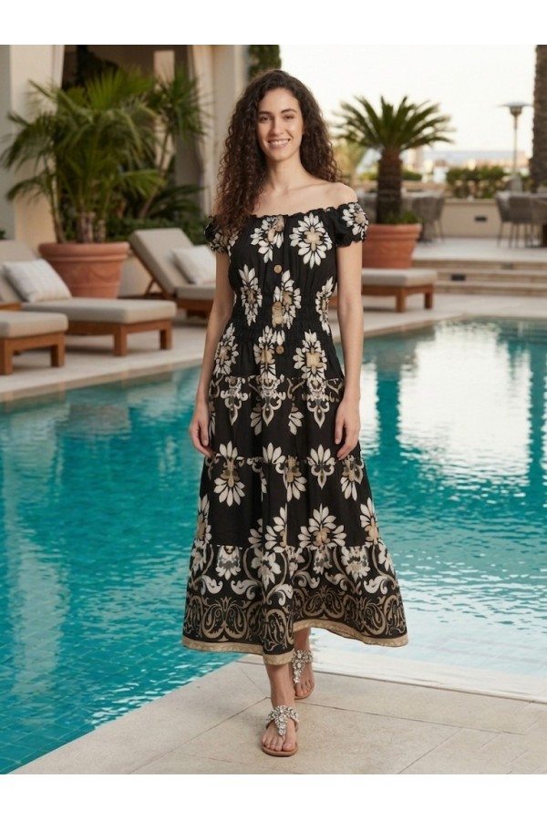ΦΟΡΕΜΑ MIDI FLORAL OFF SHOUDER ΜΑΝΙΚΙΑ