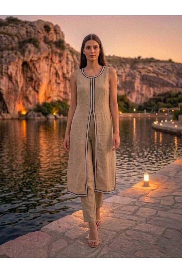 ΣΕΤ LINEN LOOK -  ΠΑΝΤΕΛΟΝΑ ME AMANIKH TOYNIK ΜΕ ΓΕΩΜΕΤΡΙΚΗ ΤΡΕΣΑ