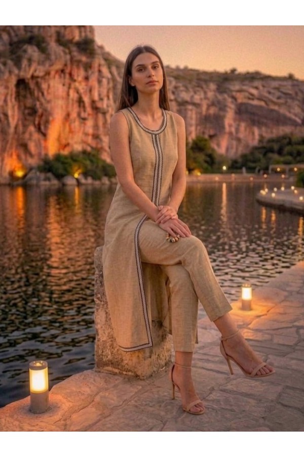 ΣΕΤ LINEN LOOK -  ΠΑΝΤΕΛΟΝΑ ME AMANIKH TOYNIK ΜΕ ΓΕΩΜΕΤΡΙΚΗ ΤΡΕΣΑ