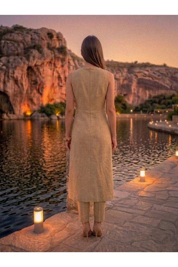 ΣΕΤ LINEN LOOK -  ΠΑΝΤΕΛΟΝΑ ME AMANIKH TOYNIK ΜΕ ΓΕΩΜΕΤΡΙΚΗ ΤΡΕΣΑ